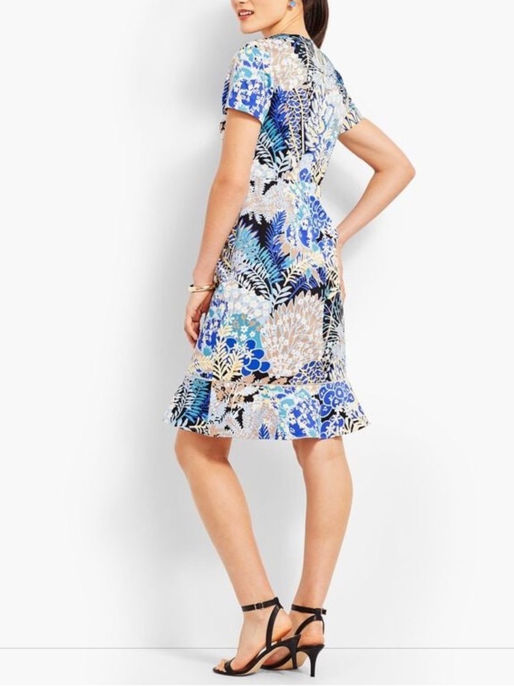 TALBOTS Petite Sz 4p Blue,Yellow Garden Print Flounce Hem Cotton Sheath Dress